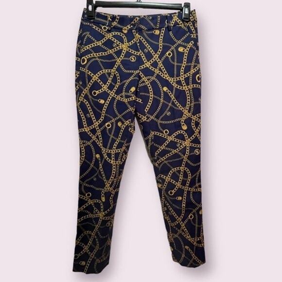 Michael Kors | Blue & Gold Chain Print Straight Skinny Leg Pants Trousers Size 4 - Picture 1 of 6
